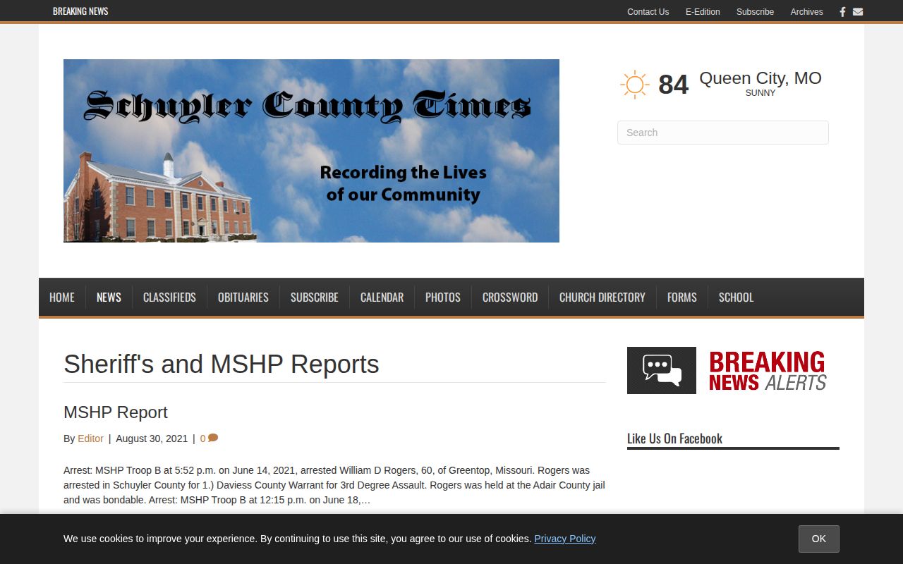 Schuyler County weekly Sheriff and MSHP arrest record news source