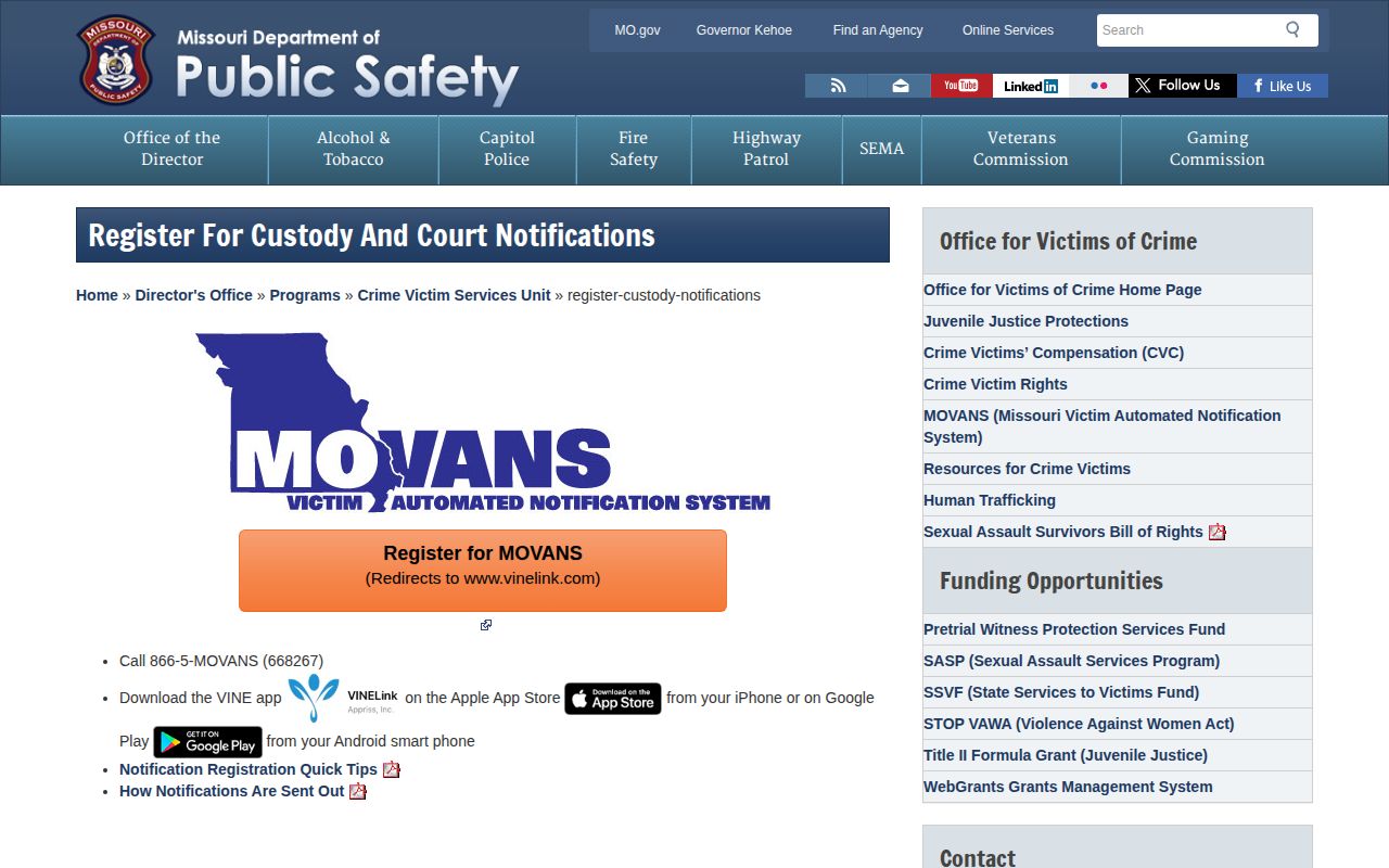 Schuyler County custody record notification route on Missouri MOVANS